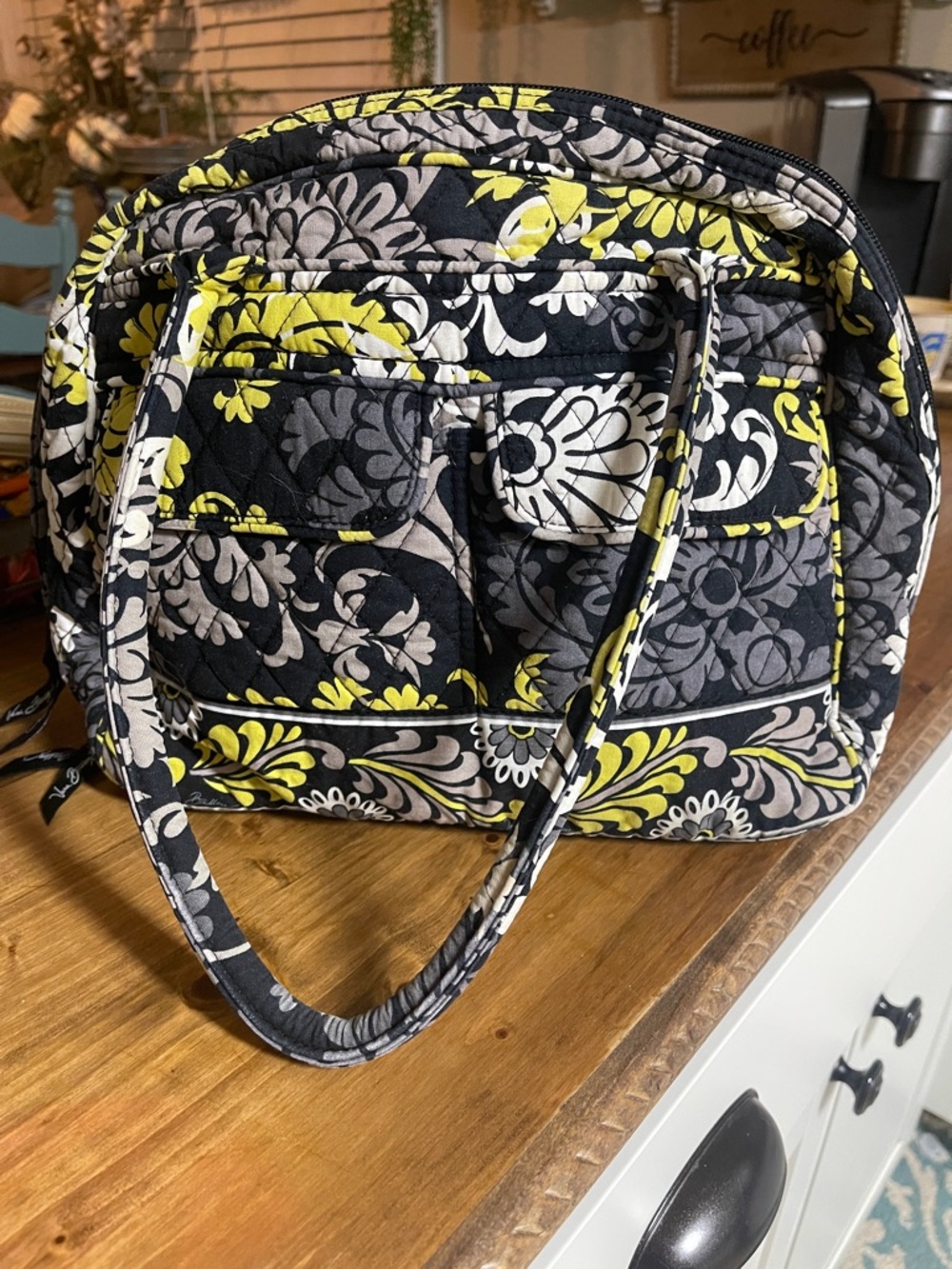 Vera Bradley Quilted Floral Tote Bag in Black, Gray & Yellow